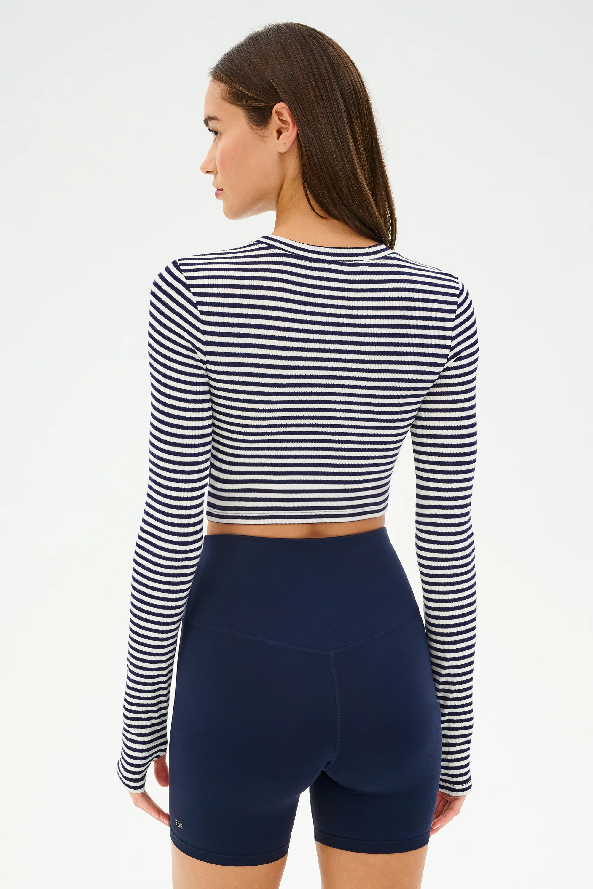 Louise Rib Long Sleeve Crop - White/Indigo Stripe - Image 3