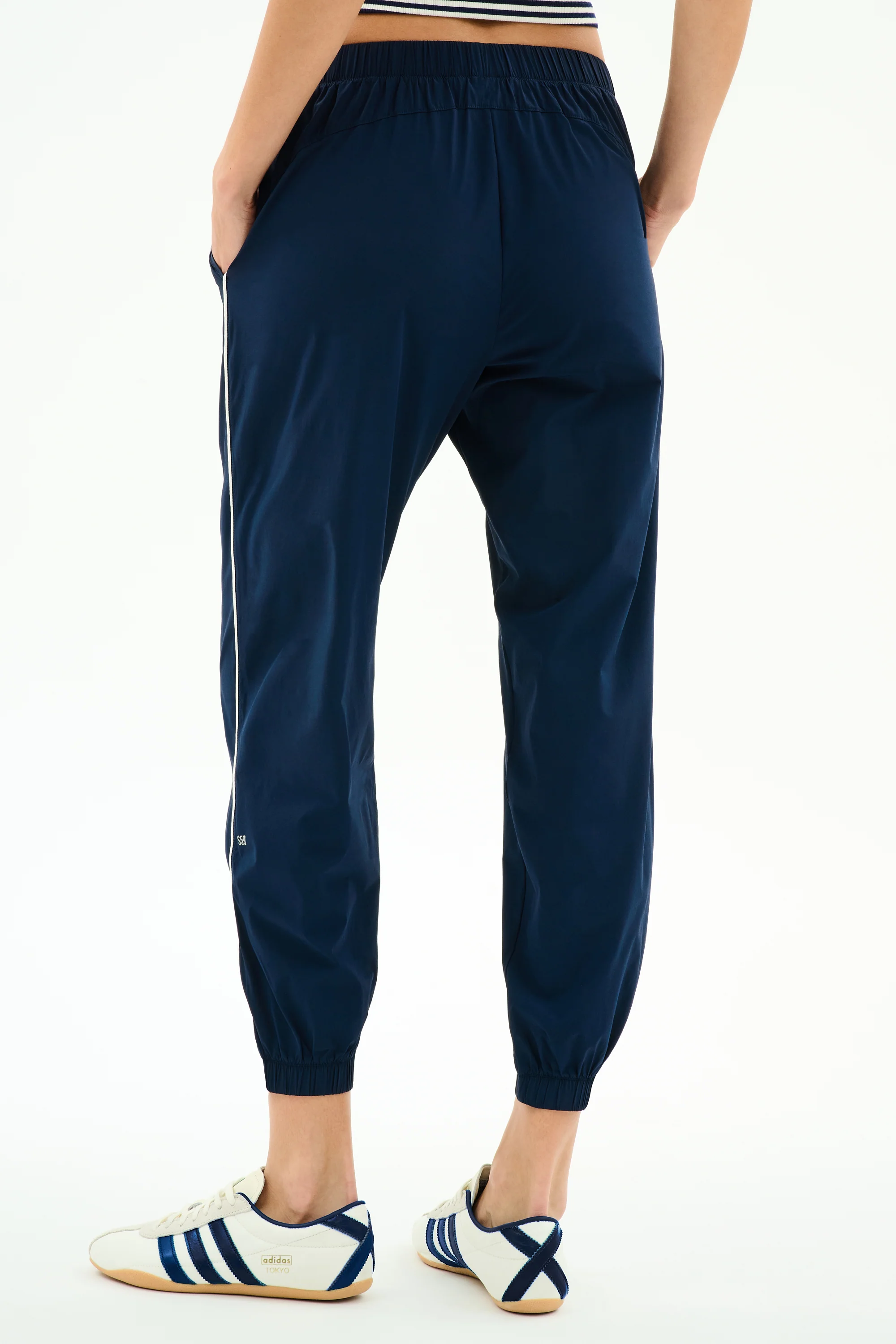Megan Woven Nylon Jogger w/ Piping - Indigo/Creme - Image 3