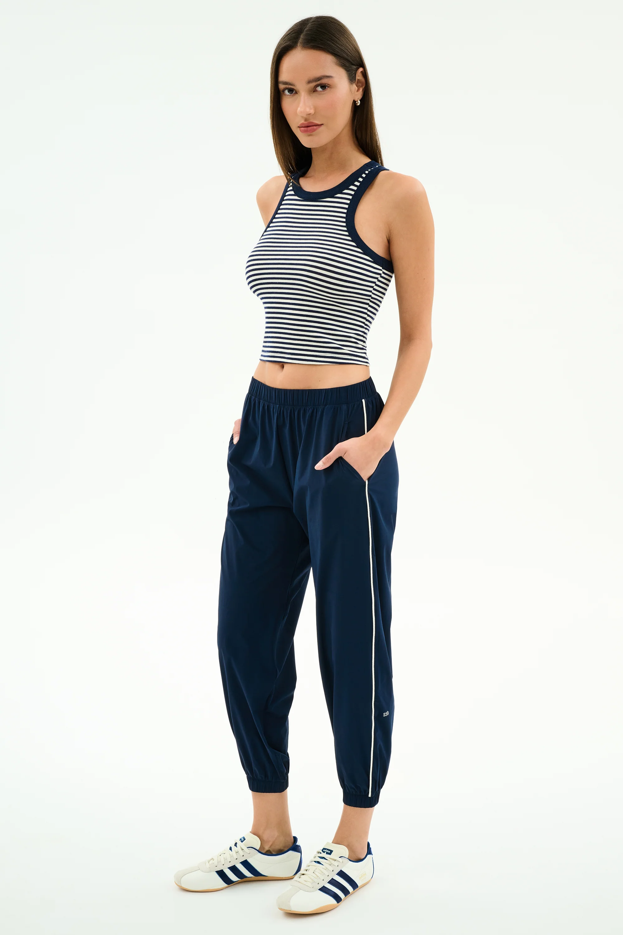 Megan Woven Nylon Jogger w/ Piping - Indigo/Creme - Image 5